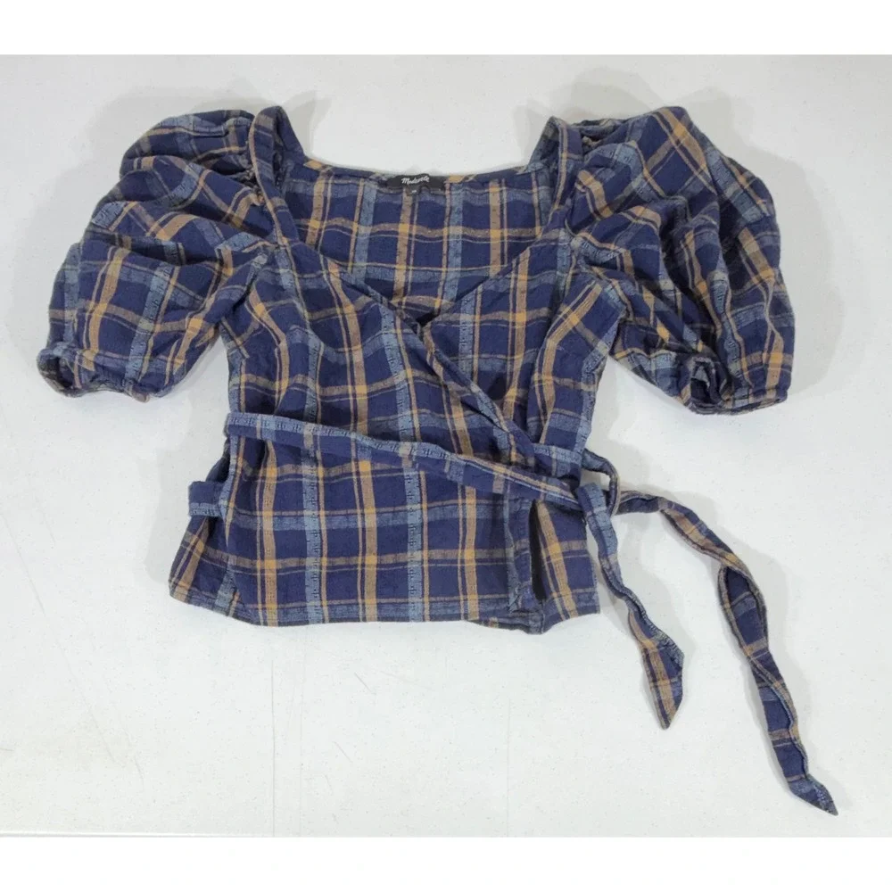 Madewell Sweetheart Wrap Top XS Blue Plaid Puff Sleeve‎ Cotton Dobby Textured